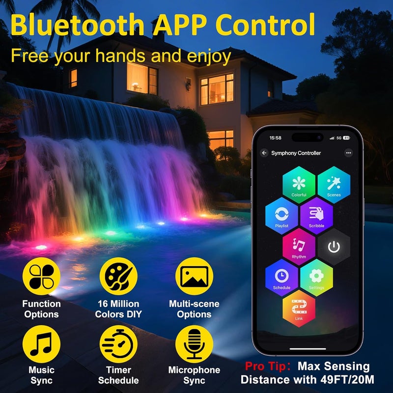 T-SUN Pond Lights LED Underwater 16M Colors with App and Remote, Submersible Fountain Light with Timer and Dimmable, Music Sync, Outdoor Spotlights for Koi Pond, Garden, Yard - Image 4